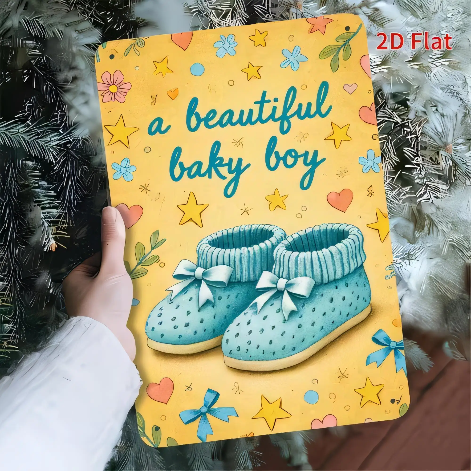 Beautiful Baby Boy Tin Sign 2D Flat Cute Blue Booties Stars Hearts Nursery Wall Decor Vintage Metal Plaque for Baby Shower Gift
