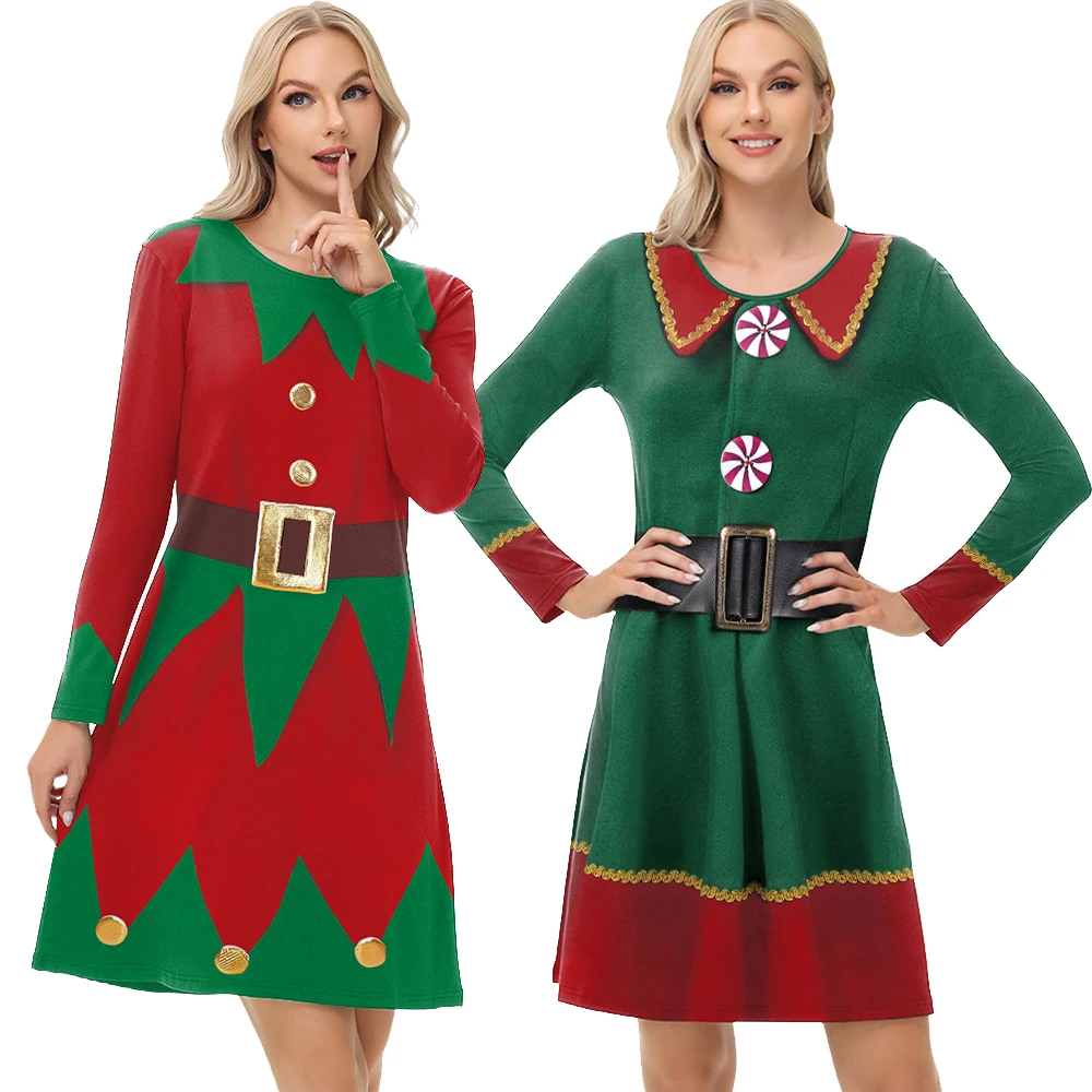 

Christmas Cosplay Costume Xmas Elf Outfit Green Print Santa Suit Party Performance Role Playing Fancy Dresses Adult Women