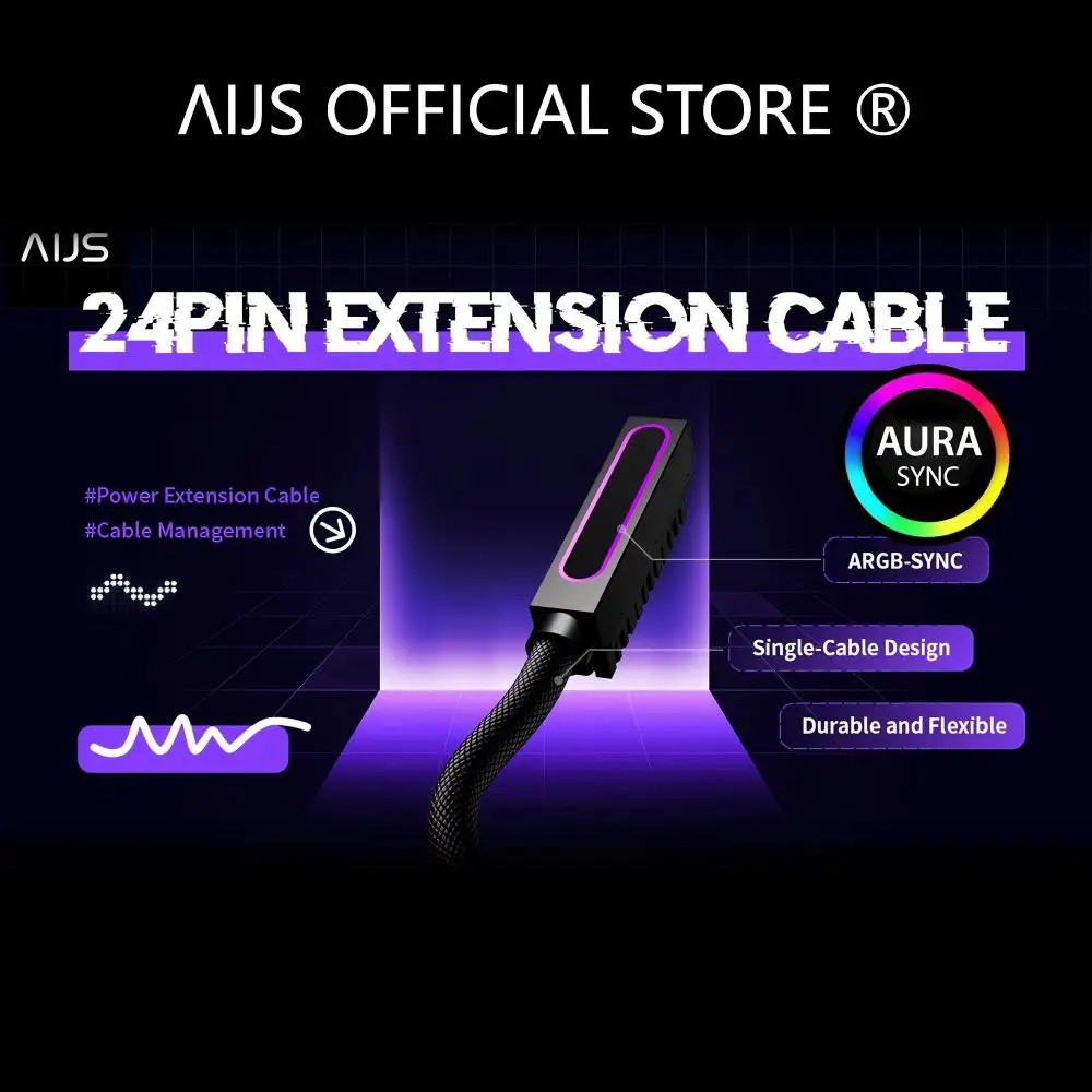 AIJS ATX 24PIN Right Side Extension Cable,ARGB 5V 3Pin,18AWG  One-Line Male-to-Female connector