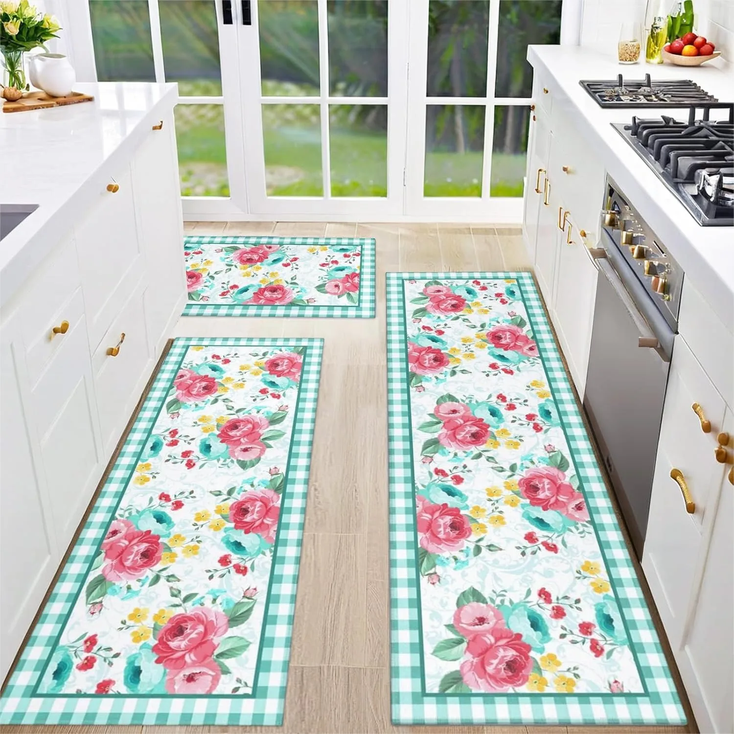 

Floral Kitchen Rugs and Mats Set of 3, Non-Skid Washable Floor Mats for Kitchen, 17x30+17x47+17x59 Inches