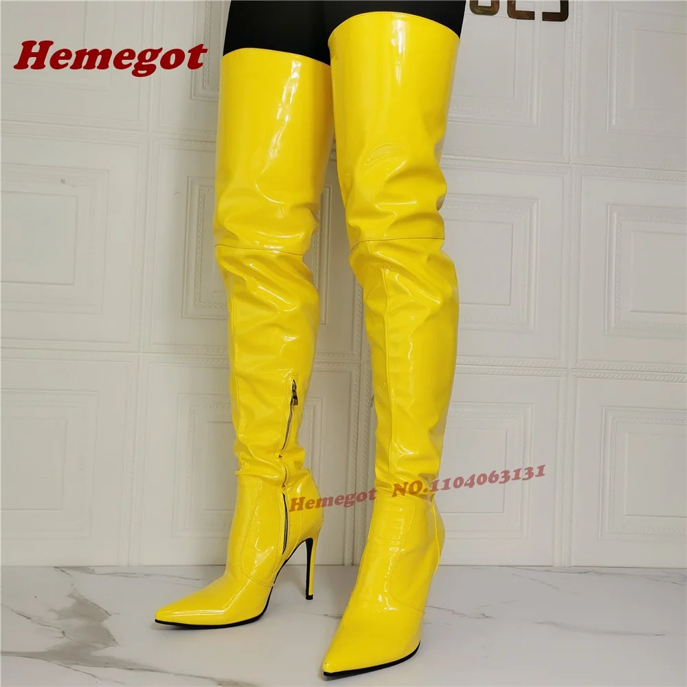 

Желтые высокие сапоги до бедра на шпильке из лакированной кожи, женские высокие сапоги с острым носком на тонком высоком каблуке с боковой молнией, глянцевые, 2026 в стиле пэчворк