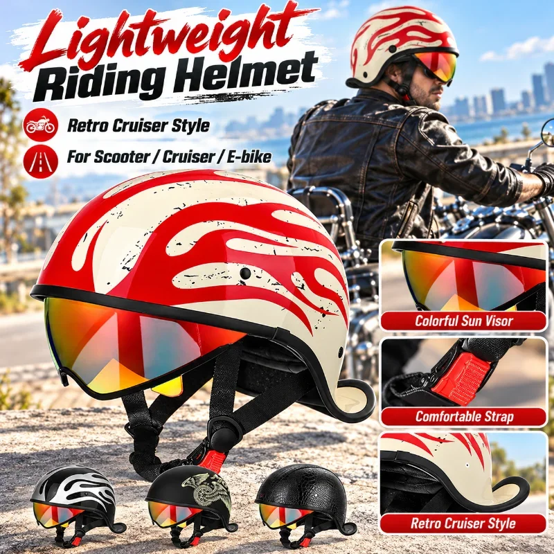 Small Shell Half Motorcycle Helmet for Men Women Retro Cruiser Scooter E-bike Riding Helmet with Color Visor