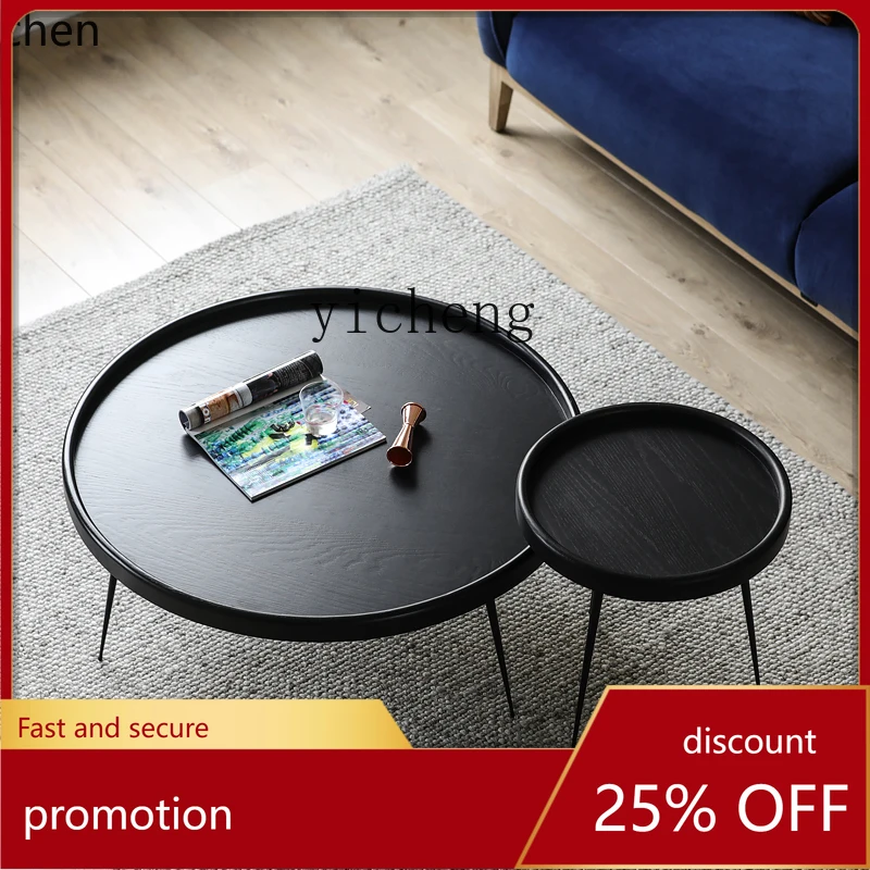 YFY  Round Oak Combined Tea Table Side Table Modern Minimalist Black Silent Style Natural Color Tea Table