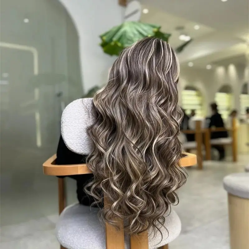 Luxury Women's Wigs 13x4 Ombre Synthetic Wigs Balayage Dark Brown with Blonde HD Lace Front Wig 180% High Density Full Wigs