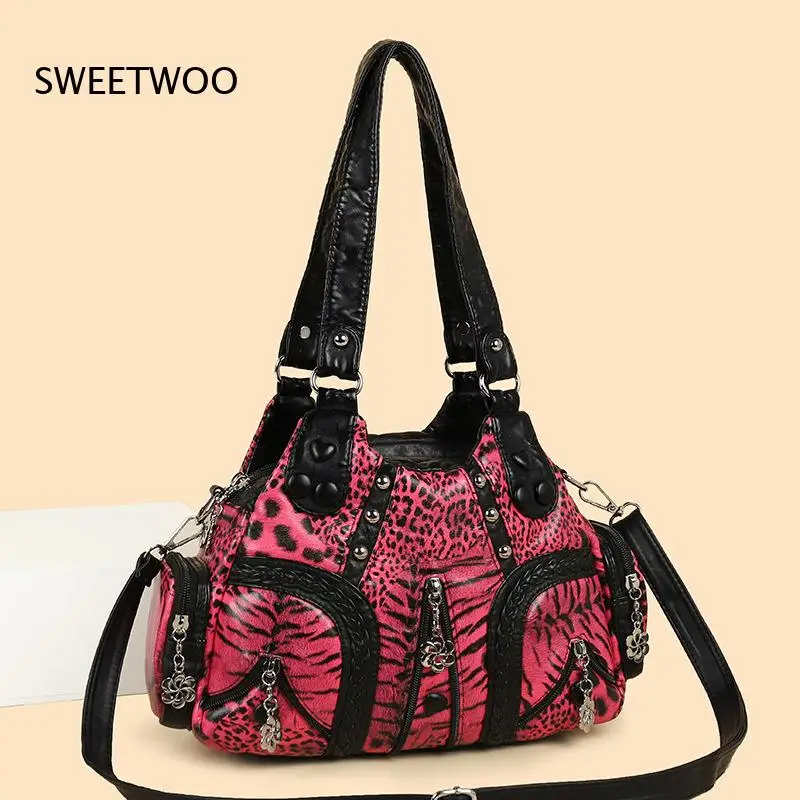 2026 Leopardenmuster Vintage Weiche PU-Schultertasche mit mehreren Fächern, großer Kapazität, Street-Fashion, für Teenager-Mädchen, Reise-Aufbewahrungstasche