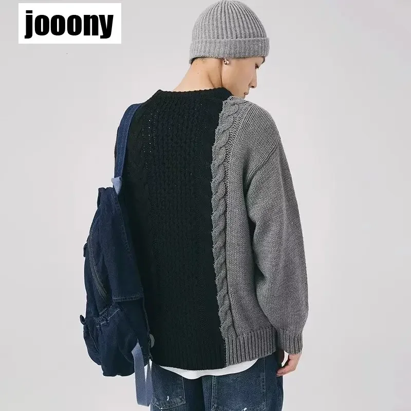 New Round Neck Loose Knit Sweater Pullover Coat Japanese Retro Contrast Color Spliced Sweater Pullover 2023 New Men's Versatile