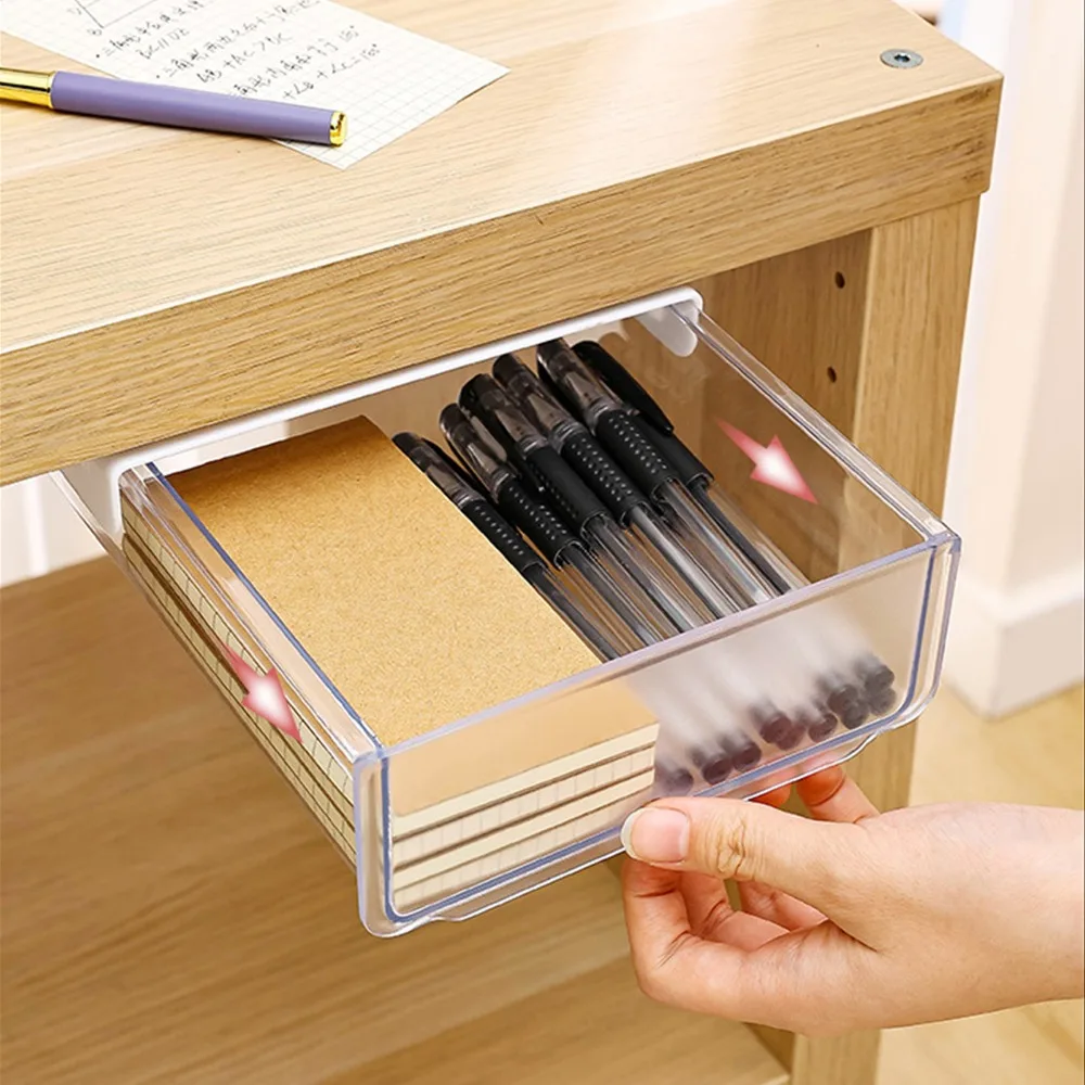 Transparent Under Desk Drawer Gray White Self Adhesive Organizer Stick on Design Mounted Desktop Attachable Drawer Office