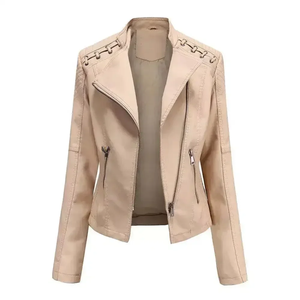 Otoño Invierno Pu chaquetas de cuero de mujer de manga larga con cremallera delgada motocicleta Biker abrigo de cuero suelto prendas de vestir femeninas Tops 4X