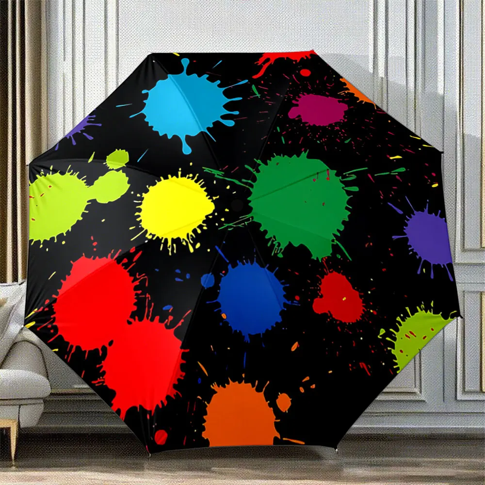 Colorful Paint Splatter Pattern on Black Background Umbrella portable waterproof sun rain umbrella for outdoor travel beach