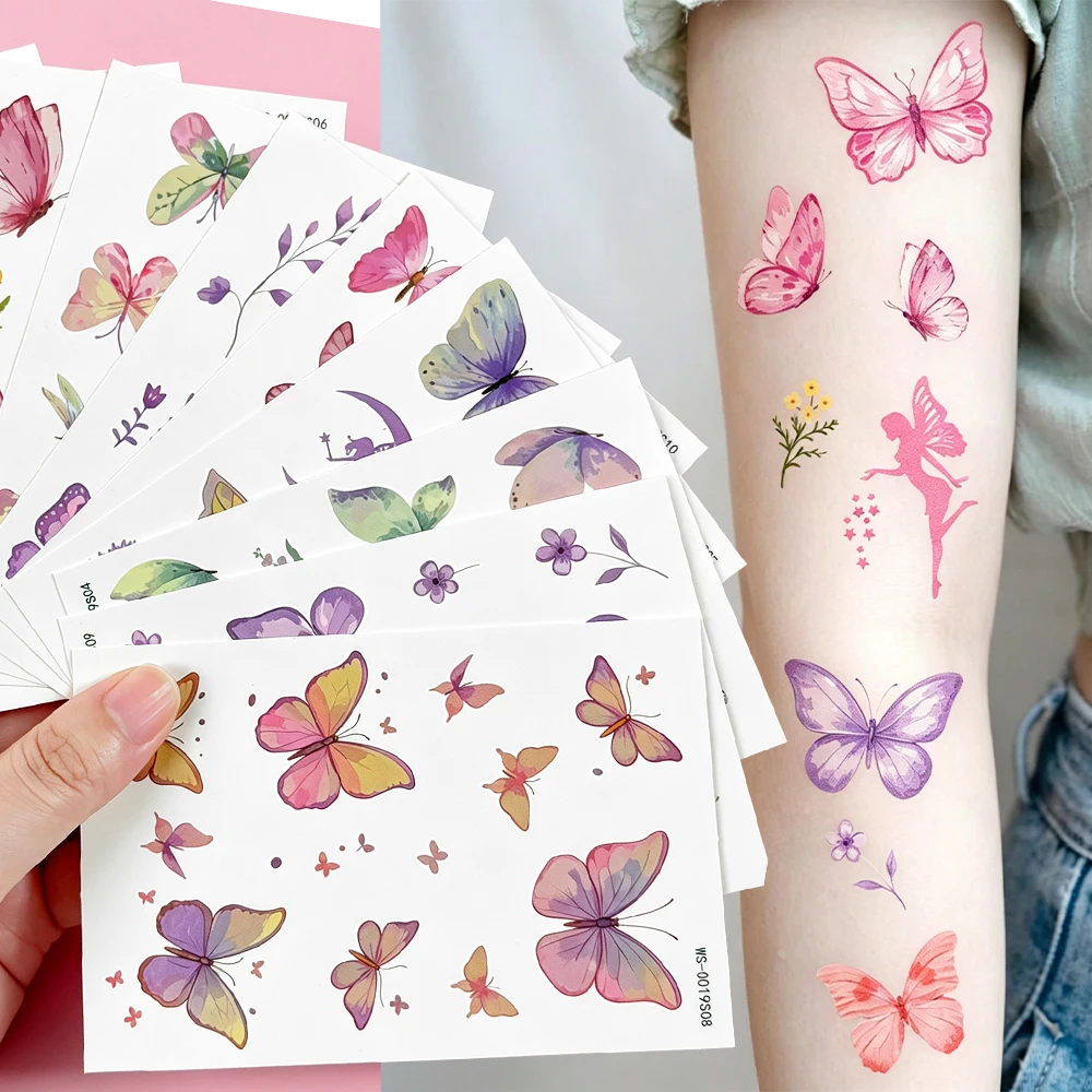 10Pcs Charming Butterfly Temporary Tattoo Sticker for Hand Body Chest Gradient Pink Purple Butterfly Fairy Waterproof FakeTattoo