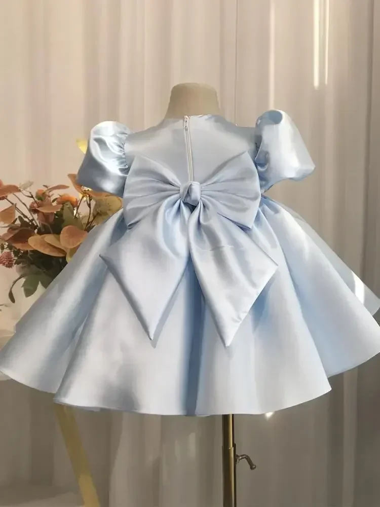 ICJAEHAO 2024 Baby Girls Party Dress Blue Puff Sleeves Plain Ball Gowns Elegant Baptism First Birthday Beading Children Clothes