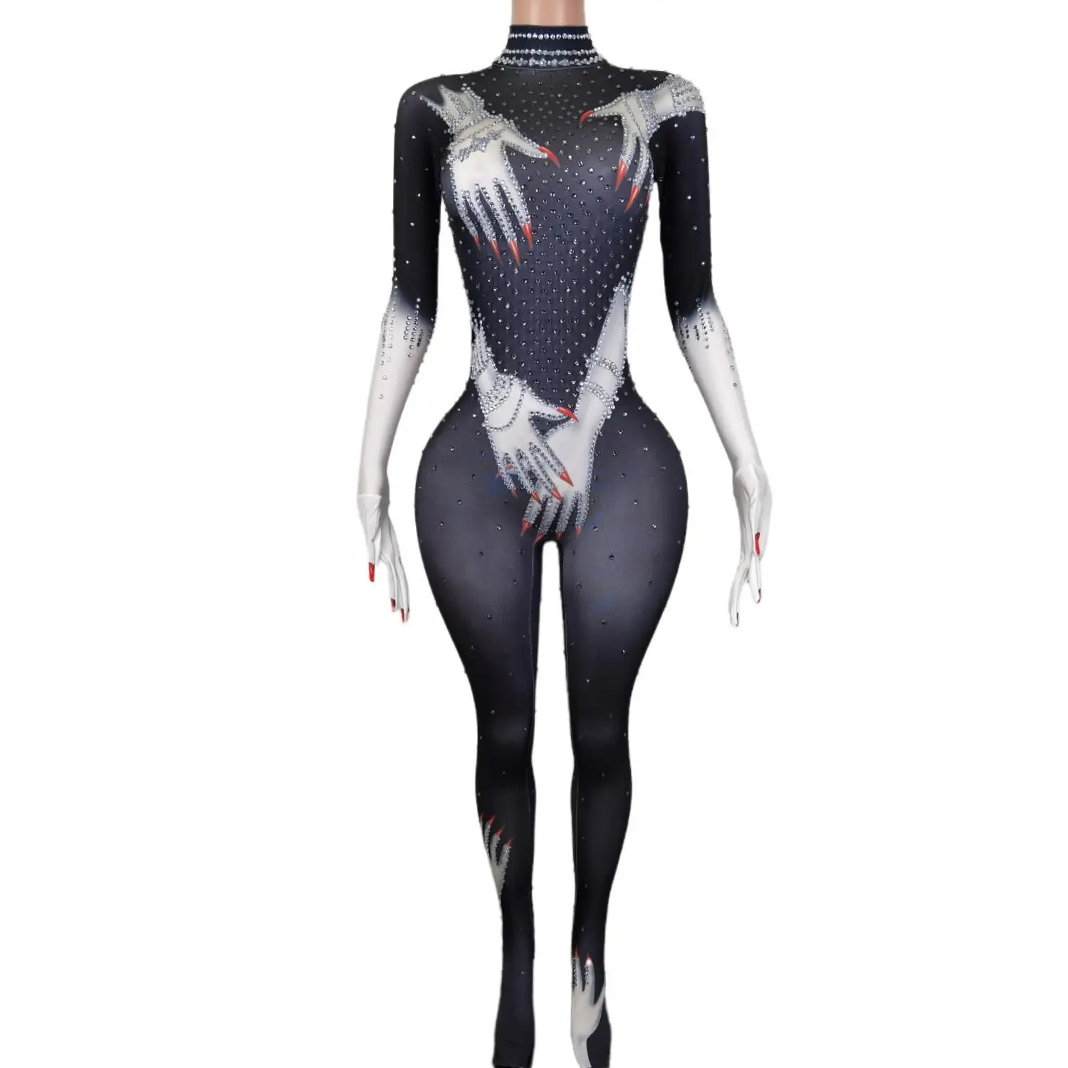 

Lady Bodysuit Shiny Rhinestone Sexy Custom Performance Costume Evening Dress Long Sleeve Leotard Sequin Women One Piece Jumpsuit