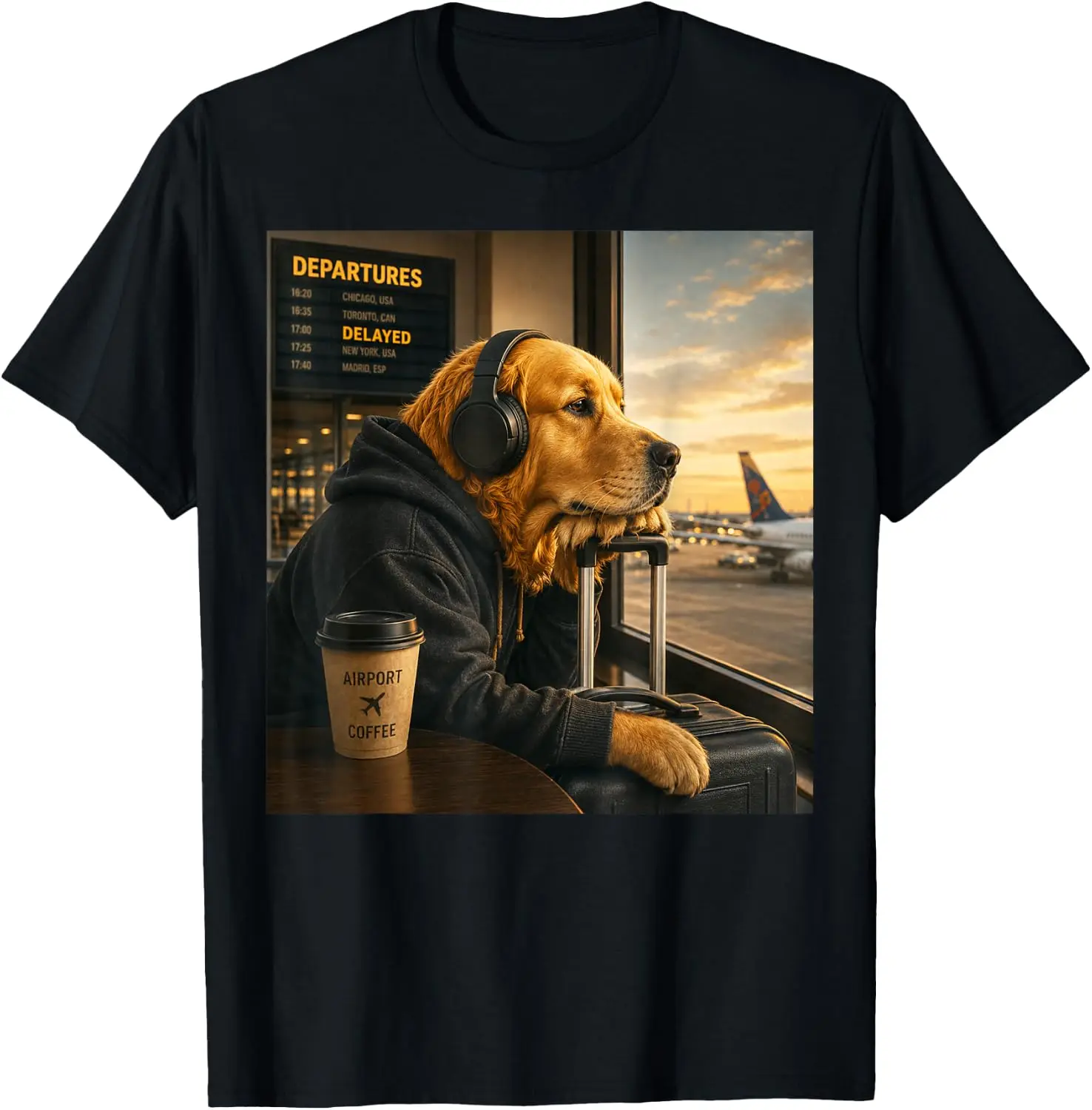 Golden Retriever Airport Travel Coffee Funny Dog Meme T-Shirt 100% Cotton Trendy Y2K Short-Sleeve Tee-Soft, Quick-Drying,