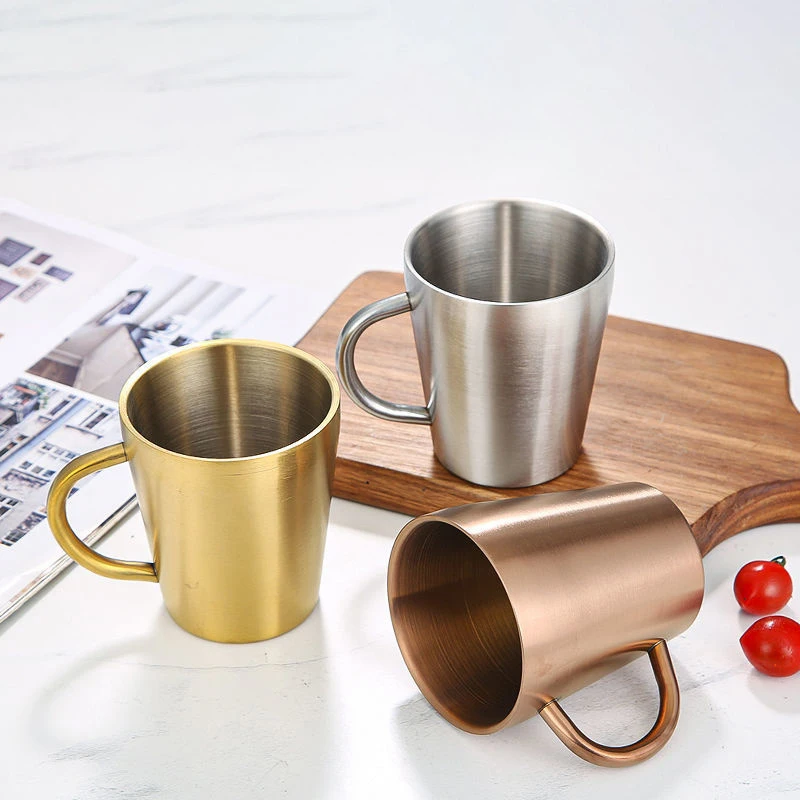 304 Stainless Steel Beer Cup Double-Layer Water Cup Home Dining Drinkware Mugs Gold Sliver Coffee Mugs With Handle 300ml