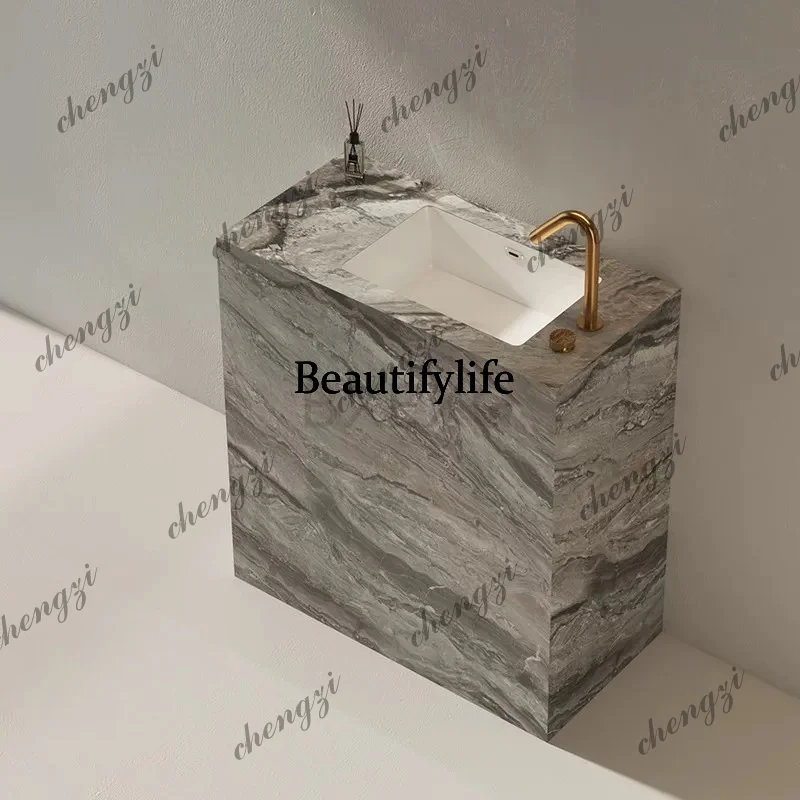 Travertine rock slab column floor-to-ceiling seamless ceramic basin integrated wash basin balcony outdoor custom face wash basin