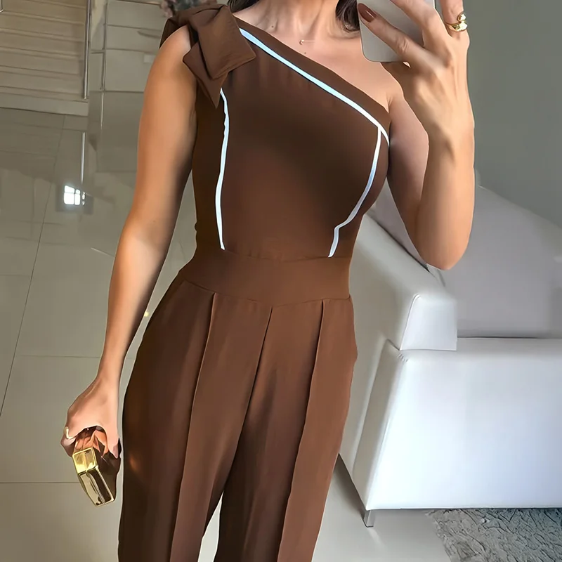 Women Sexy Skew Collar Backless Playsuits Spring Summer One-shoulder Bowknot Jumpsuits Elegant Contrast High Waist Slim Overalls