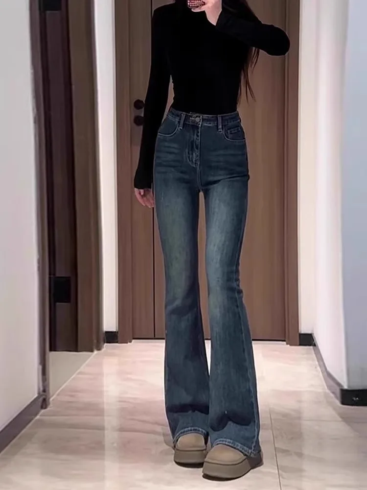 

Retro High Waist Bell Bottom Denim Jeans Women's Spring Style Slimming Fashionable Long Cotton Elastic Fabric Wear Resistant