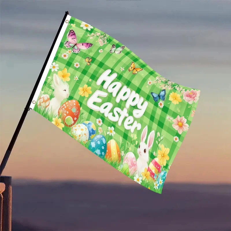Happy Easter Spring Gingham Bunnies Eggs Butterflies Flowers 2D Flat Printing Single-Sided with Two Hole Ring