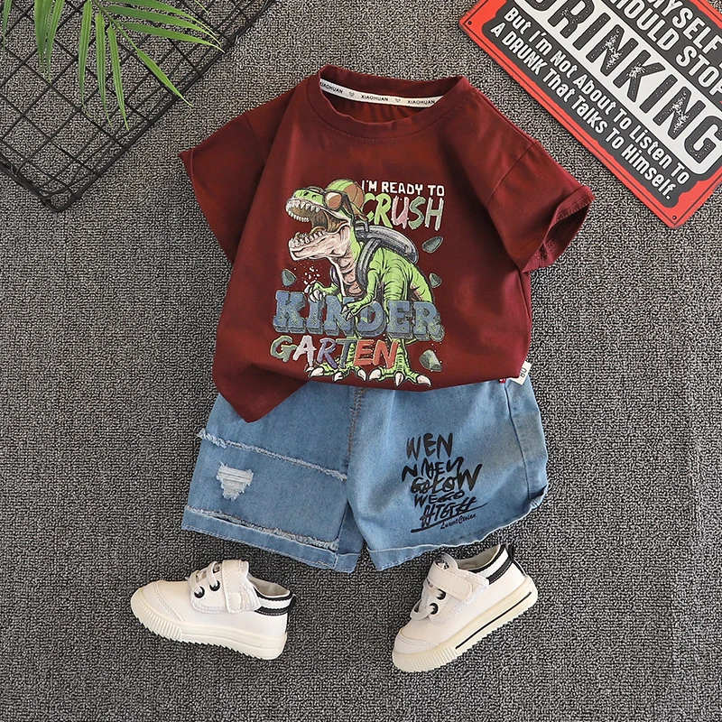 Summer Toddler Boys 2Pcs Outfit Set Cool Dinosaur Print Short Sleeve Cotton T-shirt + Ripped Denim Shorts Kids Casual Cartoon Dino Clothing Suit For 1-6Y Little Boys Daily Wear Kindergarten Holiday Playwear