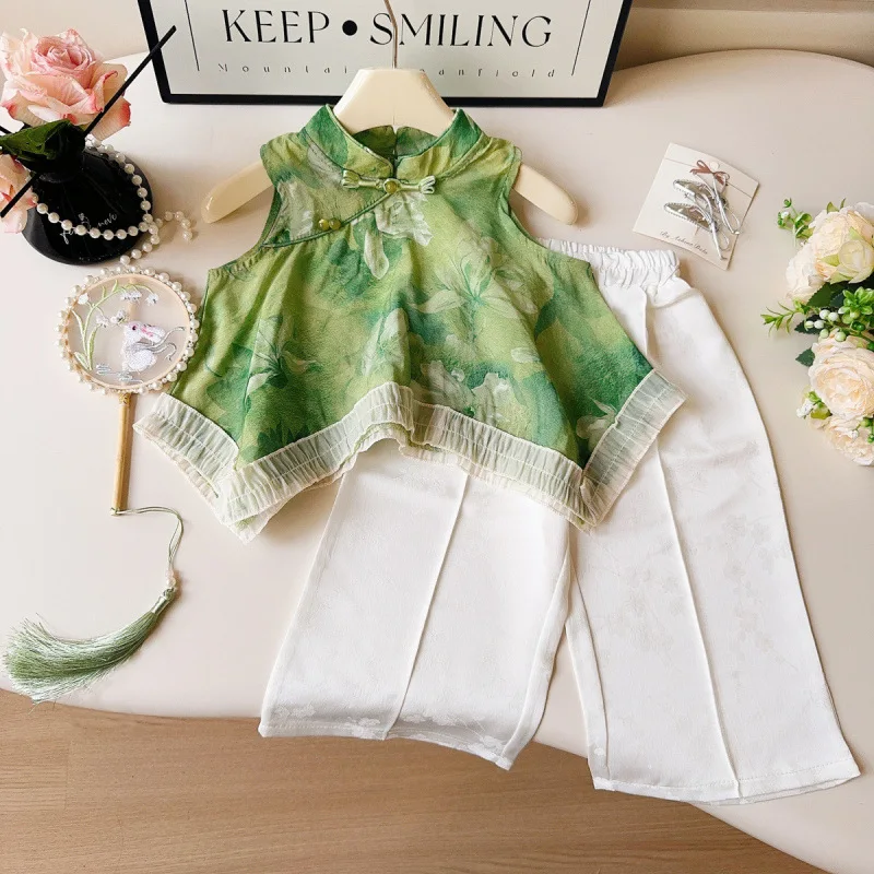 

2025Summer Girls' New Chinese Style Set New Baby Girl National Style Halter Neck Button Vest+Two-Piece Trousers