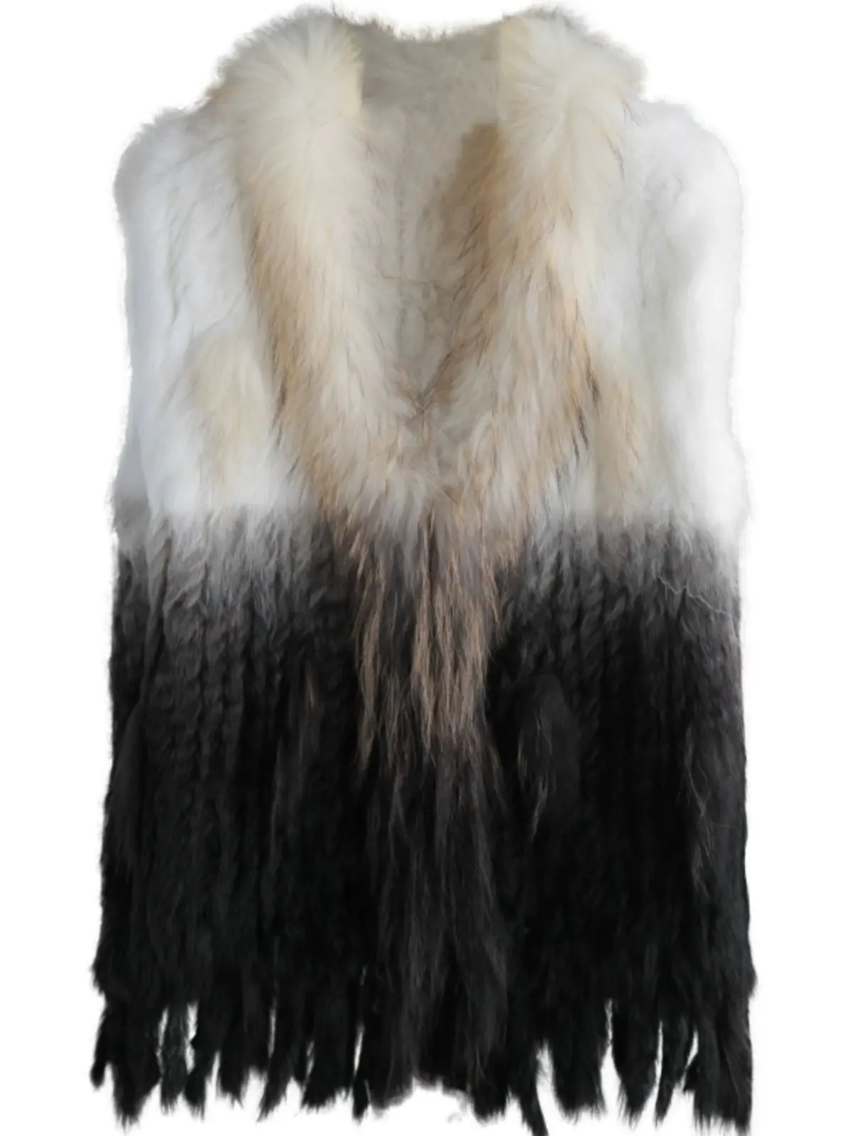 2025 Korean version of rabbit hair hand-woven vest gradual change fur vest shoulder raccoon fur collar fashion fur vest
