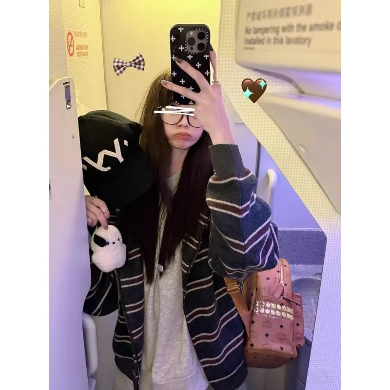 American Retro Striped Hooded Sweater Zipper Sweater Jacket Women's Autumn Design Sense Niche Knitted Cardigan Top