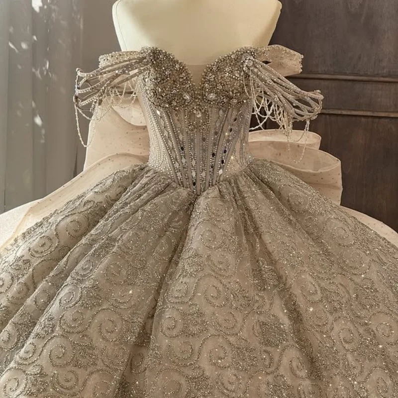 

Shiny Silver Gray Quinceanera Dress Crystal Glitter Decal off-shoulder Big Bow Long tail Vestidos De 15 Quinceanera ﻿Customize