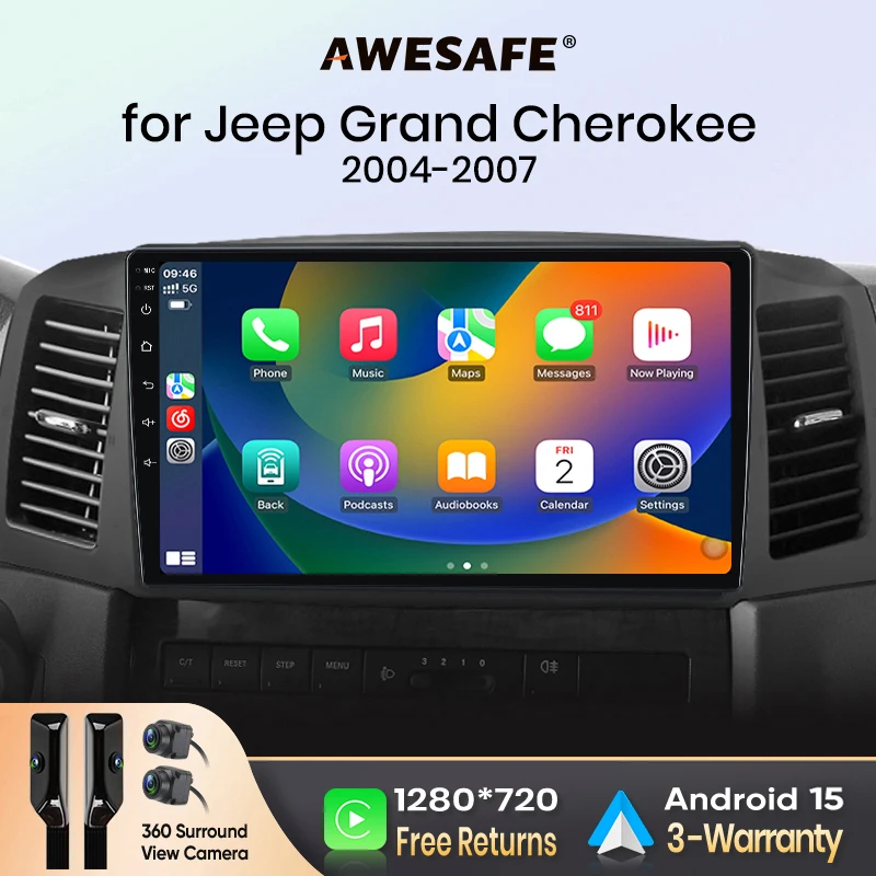 AWESAFE CarPlay et Android Auto sans fil pour Jeep Grand Cherokee Mk3 (WK/WH) 2005-2010, autoradio multimédia, lecteur stéréo, navigation GPS Wi-Fi, 2 Din, système intelligent de voiture, écran IPS 1280*720, unité centrale FM RDS DSP SWC BT Plug and Play ISO