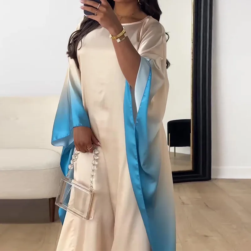 Summer Casual Loose Fit Maxi Dress Muslim Robe Women Satin 3/4 Sleeve O Neck Long Dress Women  Vestidos De Tricô Femenino