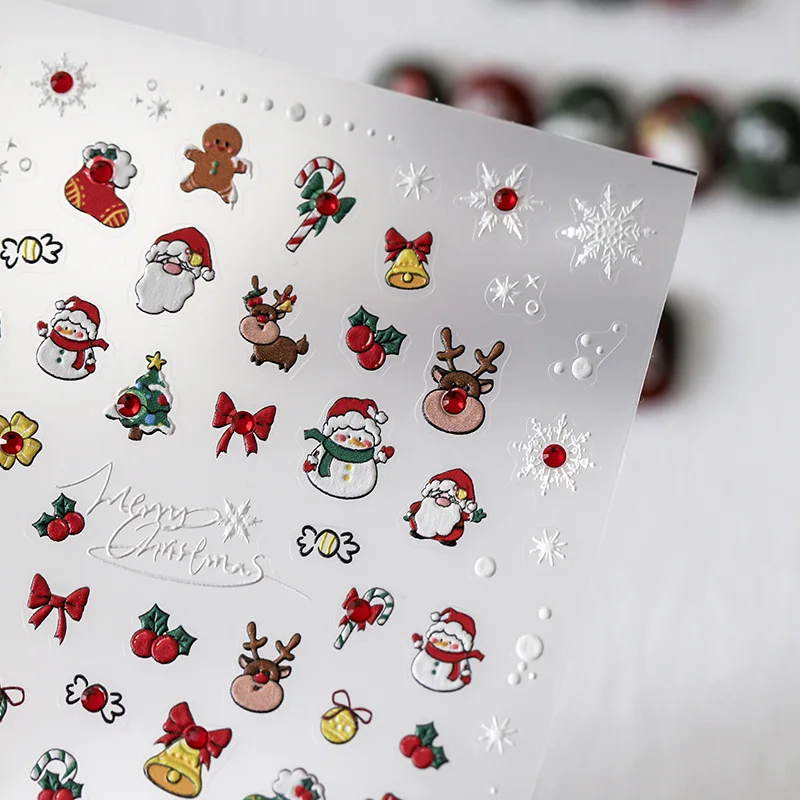 하이 퀄리티 크리스마스 시리즈 엠보싱 네일 아트 스티커, 5D 입체 네일 스티커, 크리스마스 눈사람 네일 스티커, 1 개