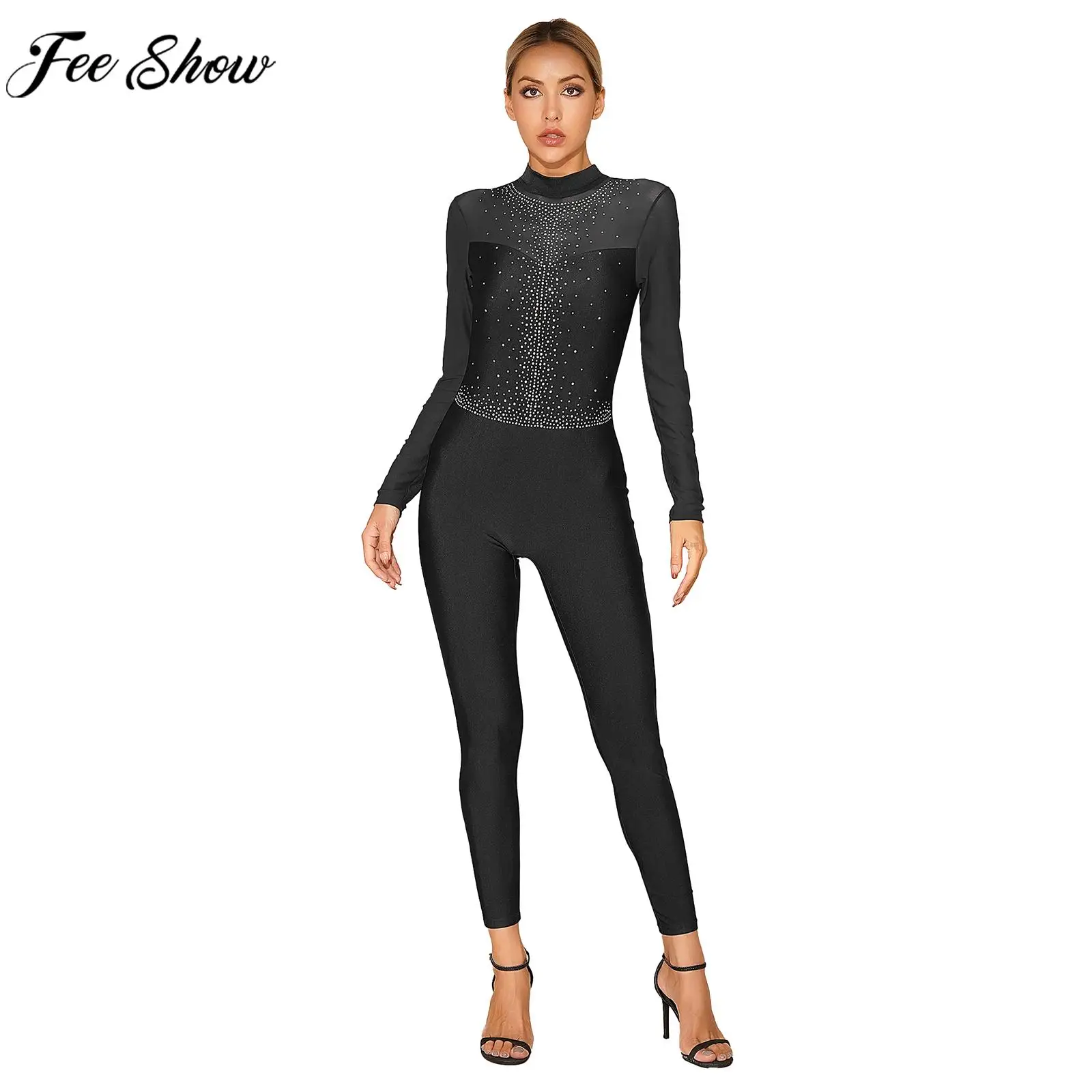 Womens Ballet Dance Gymnastics Leotard Figure Skating Bodysuit Long Sleeve Rhinestone Sheer Mesh Jumpsuit for Yoga Acrobatics