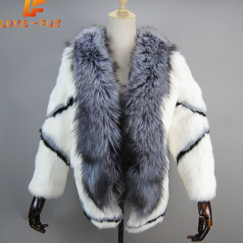 Real Natural Women\'s Rabbit Fur Coat Fox Fur Collar Large Size Rabbit Skin Women Winter Coats Black Woman\'s Casual Autumn Coat