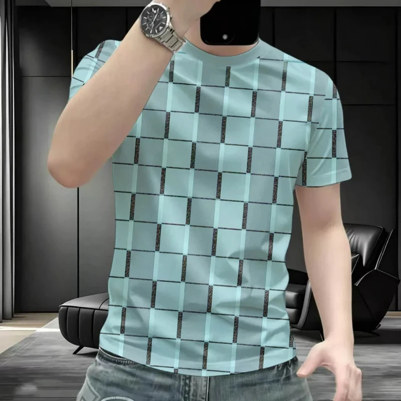 Men's Casual Short Sleeve T-Shirt with Geometric Plaid Pattern Light Blue Breathable Daily Wear Tee