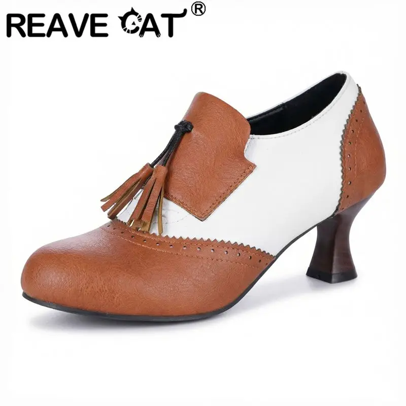 

REAVE CAT White Women Pumps Round Toe Slip On Loafers Mixed Color 6cm Block Heels Big Size 46 47 48 49 50 Leisure Tassel Shoes
