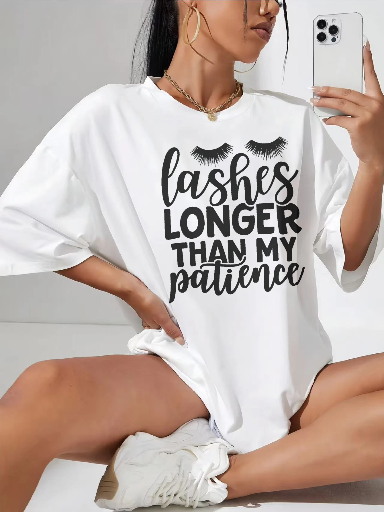 

Lashes Longer Than My Patience Fashionable White T-Shirt Soft Comfortable Perfect for Casual Wear Summer Festivals