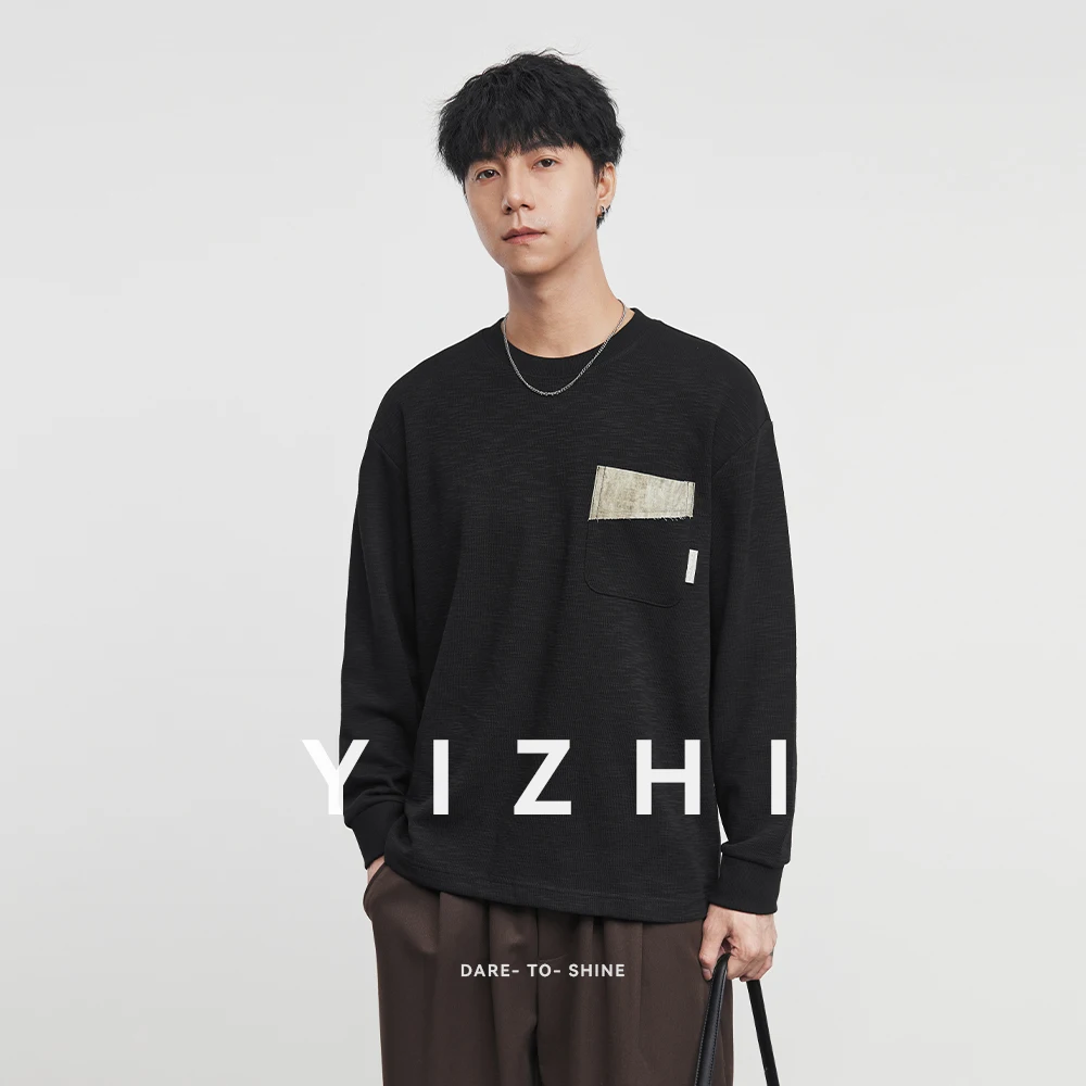 

Fashion Men's Pocket Contrast Color Round Neck Sweatshirt 2025 Autumn New Loose Versatile Long Sleeve Top Pullover
