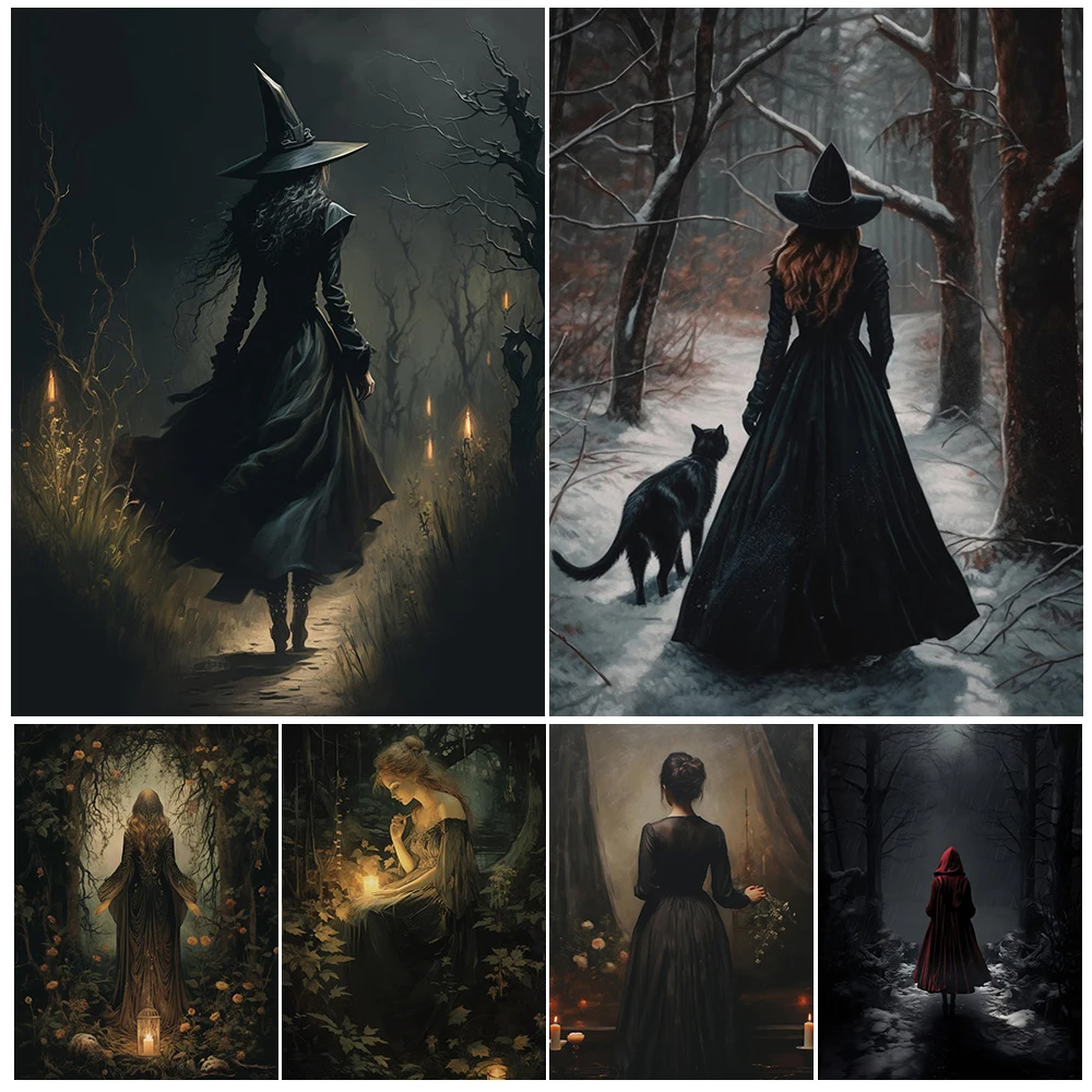 

Witch Walking Towards Dark Forest Vintage Wall Art Canvas Painting Gothic Victorian Witch Art Poster Print Home Decor Unframed