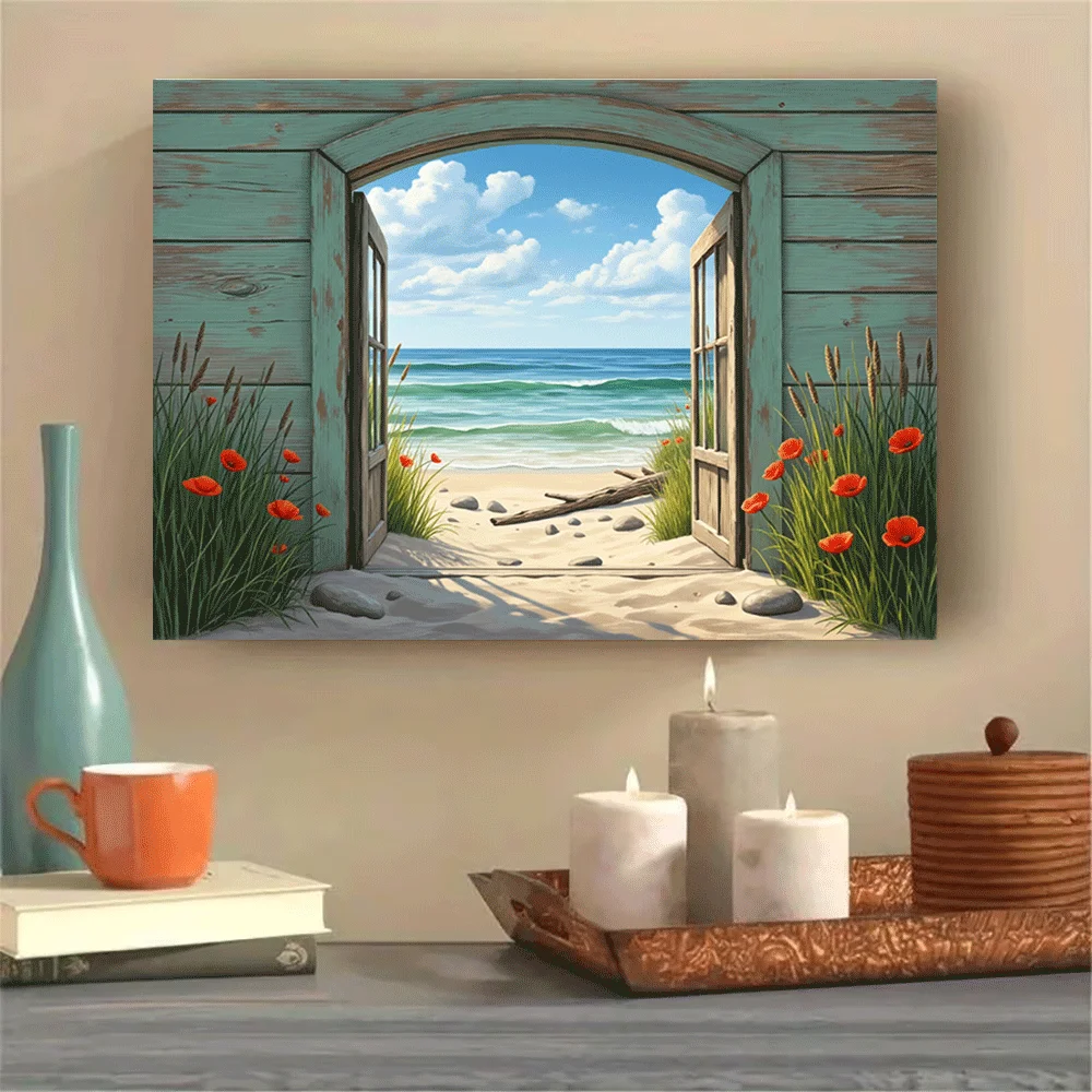 1PC-Canvas poster Unframed  Ocean View Through Wooden Window Beach Scene Canvas Art Print  summer