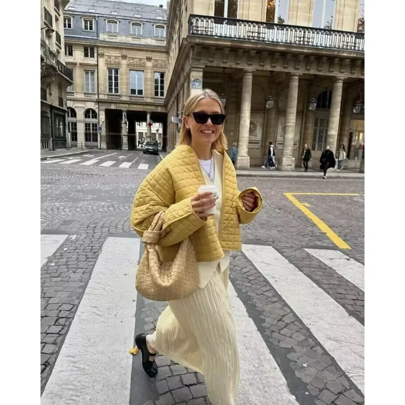 Women's Clothing Winter O Neck Long Sleeves Single Row of Buttons Checkered Pattern Cotton Coat Outerwear Lightweight Jacket