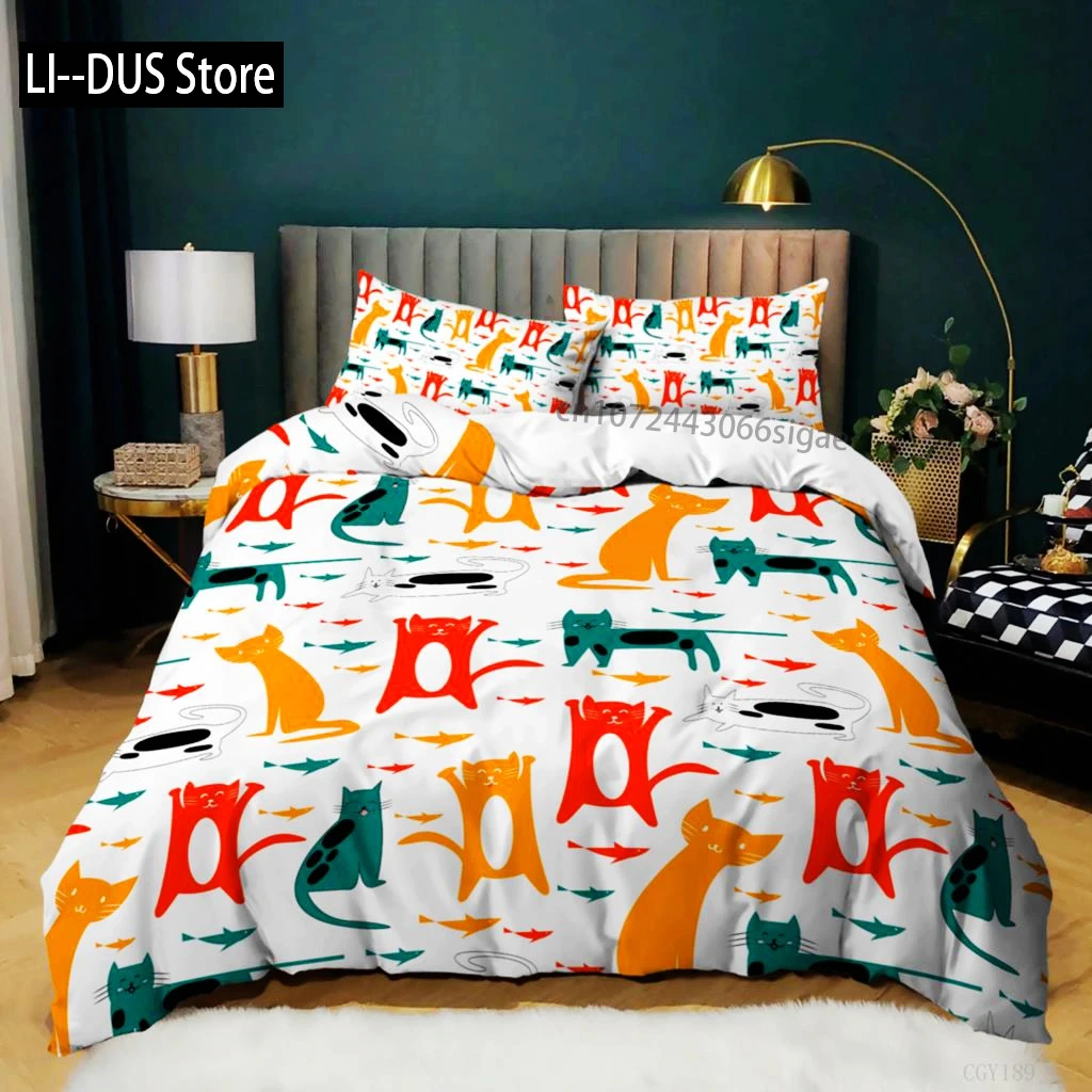 

Cartoon Cat Duvet Cover Set Queen Size Cute Kitten Soft Bedding Set For Boy Girl Microfiber Lovely Cat Pattern Comforter Cover