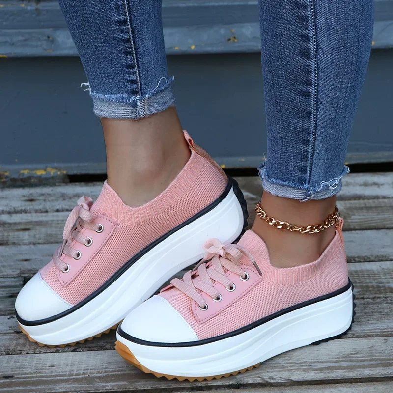 New Women Fashion Sneakers Flats Platform Shoes for Woman Shoes Stretch Fabric Breathable Ladies Casual Platform Sneakers