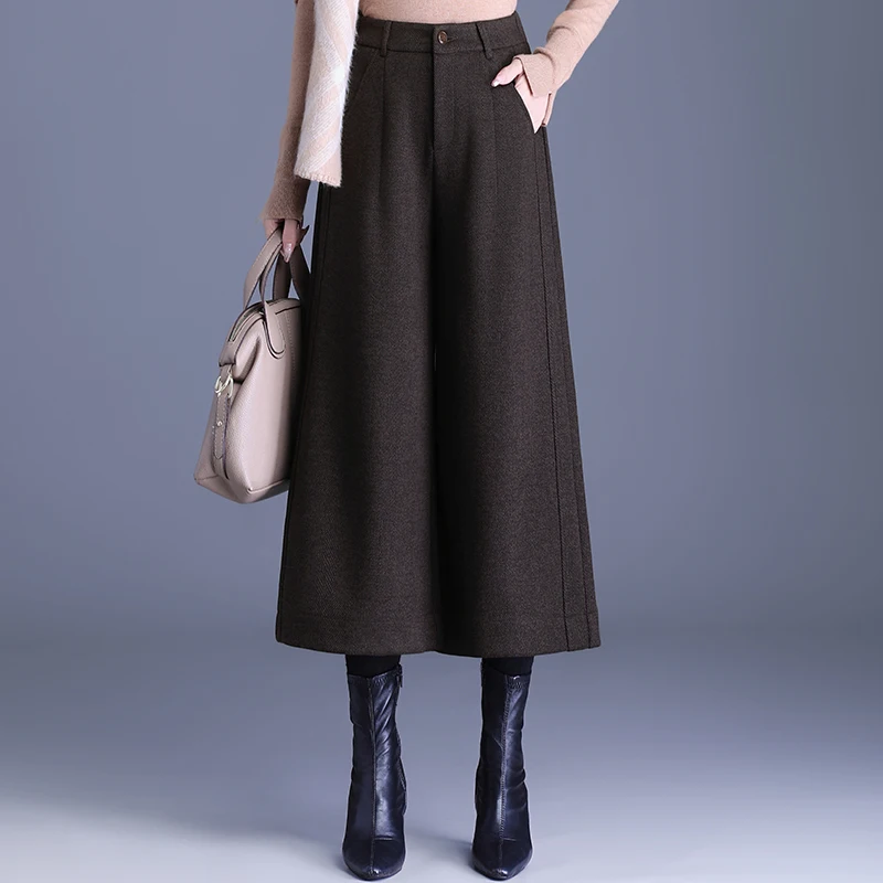 

Шерстяные брюки с широкими штанинами для женщин, повседневные модные брюки с высокой талией прямого кроя, осенне-зимние новые свободные брюки