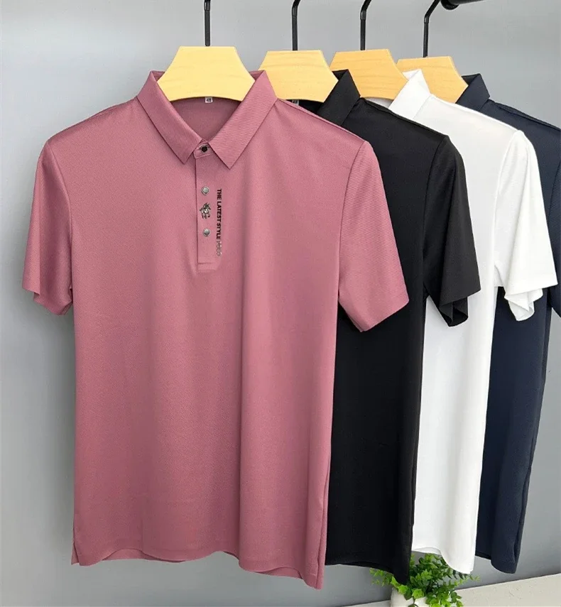 Luxury brand embroidered short sleeve T-shirt men\'s lapel 2024 new summer ice silk seamless breathable golf casual POLO shirt