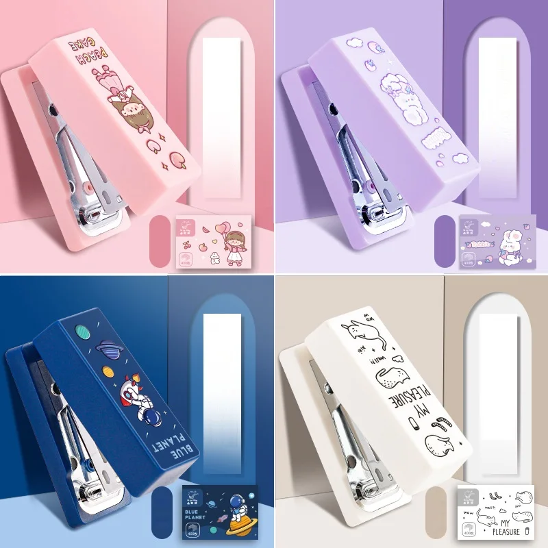 Mini Stapler 400pcs 24/6 Staples Set Cartoon Blue Planet Cat Rabbit Paper Binder Office Binding Tools School F7340