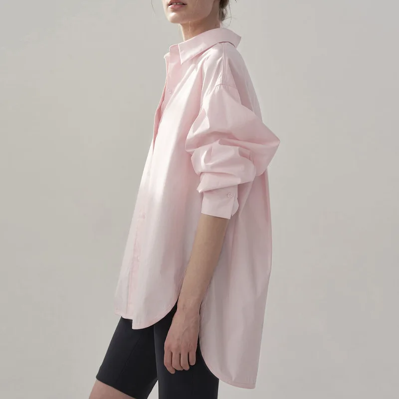 100% Cotton Women Shirts Casual Turn Down Collar Long Sleeve Tops Chic Elegant Pink Blouse Blusa Feminina
