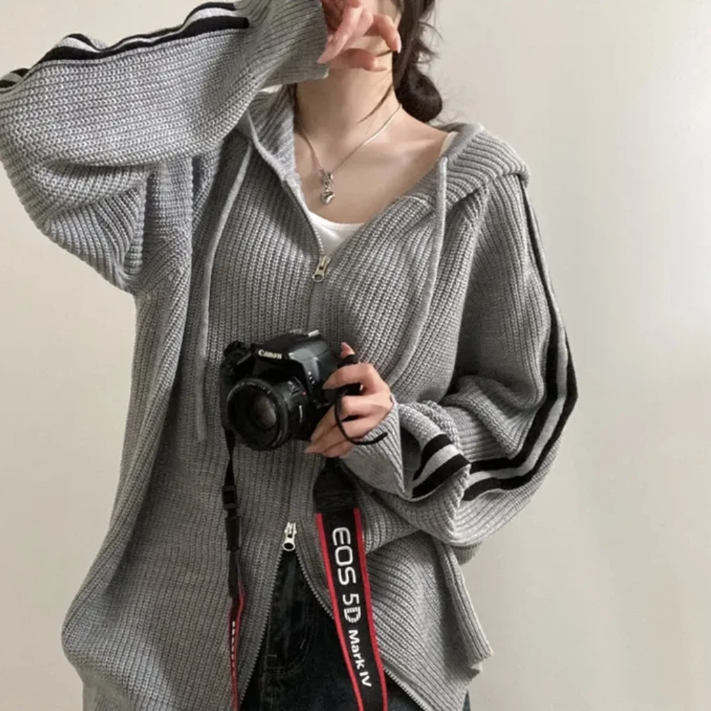 Chic autunno inverno lungo Sve Dstring maglione da donna allentato con cappuccio pendolari Sle versione coreana top lavorato a maglia taglio dritto