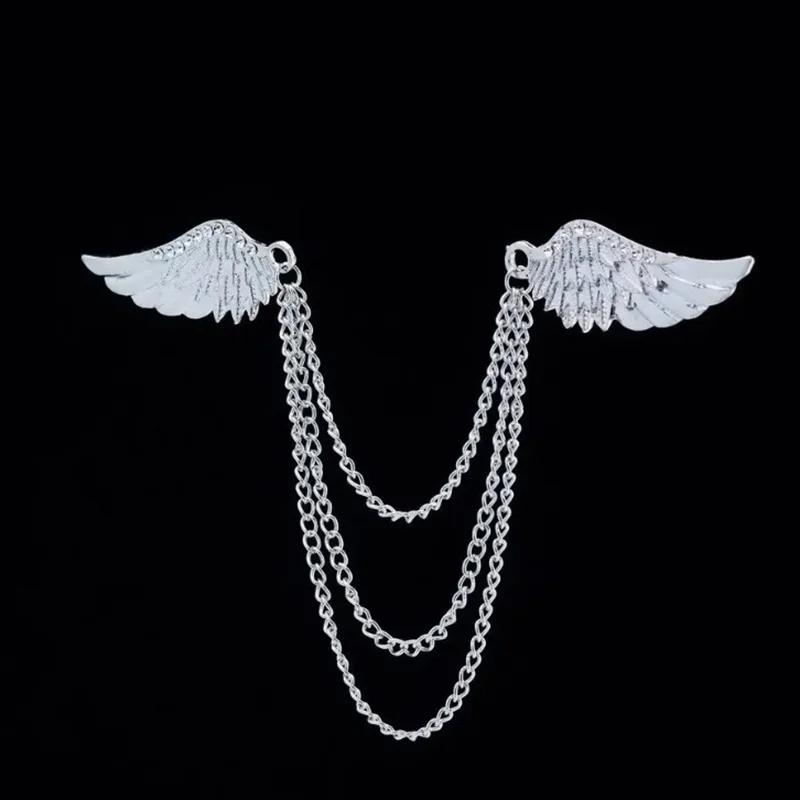New Fashion Crystal Angel Wing Brooch Metal Tassels Chain Lapel Pins Men Suit Shirt Corsage Gifts for Women Accessories Gift