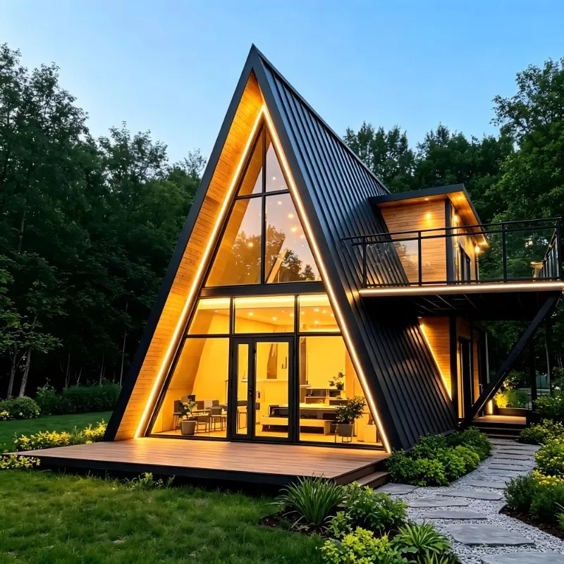 Secluded Isolated Getaway Triangular Prefab Wood Villa Tough Steel Structure Ideal for Glamping Holiday Resorts Customized