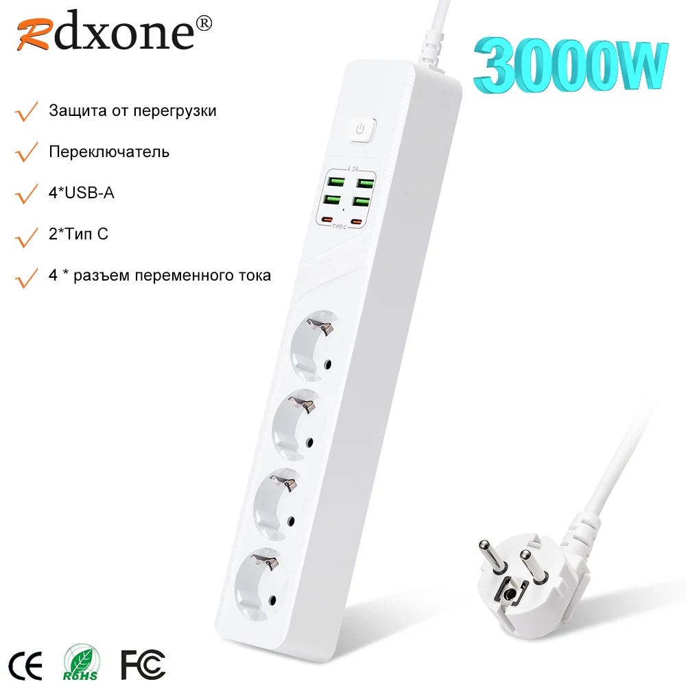 European Plug Extension Socket With Overload Protection USB Power Strip 4USB 2Type C Charger Hub 2m Extension Socket With Switch