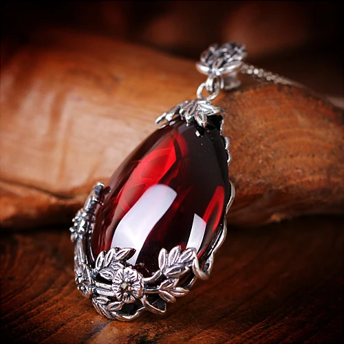 High Quality 925 Sterling Silver Rose Flowers Necklace Natural Stone Red Garnet Drop Pendant with Chain Bohemia Women Jewelry